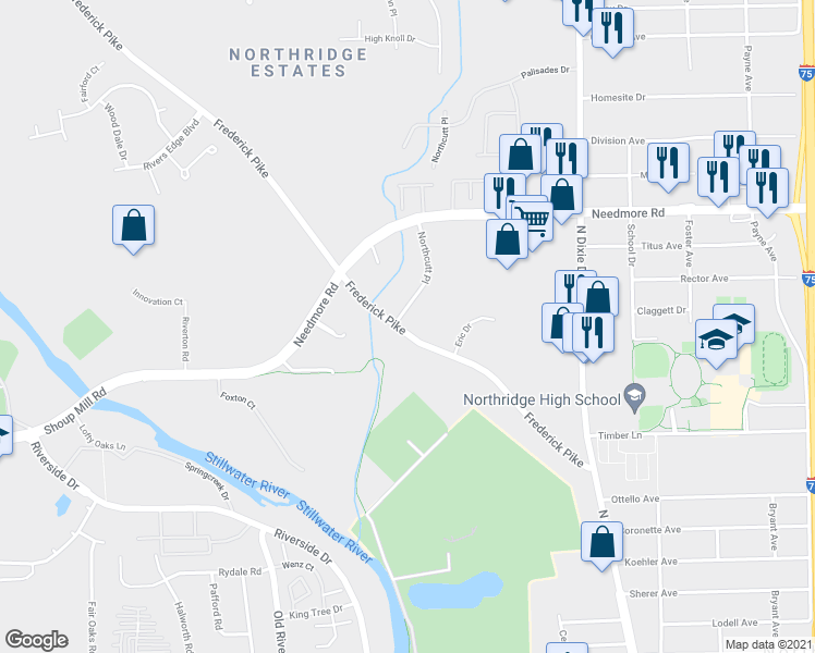 map of restaurants, bars, coffee shops, grocery stores, and more near 4900 Northcutt Place in Dayton