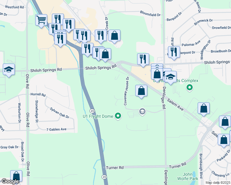 map of restaurants, bars, coffee shops, grocery stores, and more near 4951 Covenant House Drive in Trotwood
