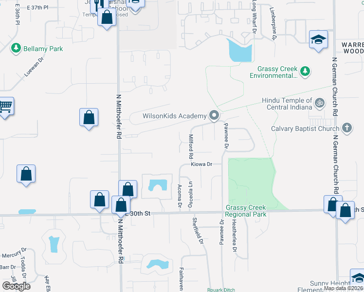 map of restaurants, bars, coffee shops, grocery stores, and more near 3200 Eastbrooke Circle in Indianapolis
