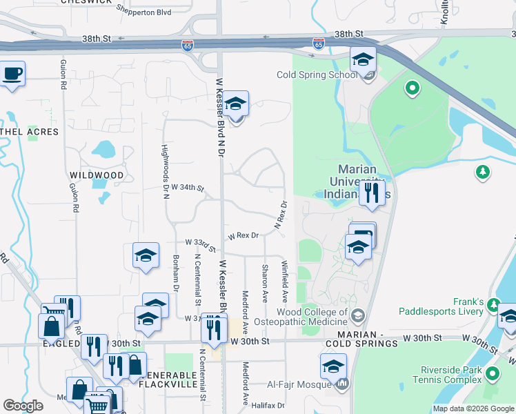 map of restaurants, bars, coffee shops, grocery stores, and more near 2930 Highwoods Drive East in Indianapolis