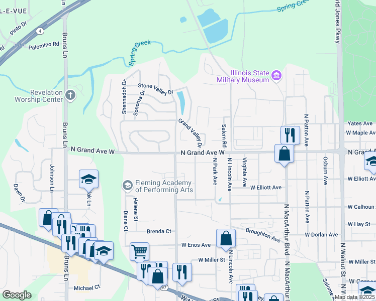map of restaurants, bars, coffee shops, grocery stores, and more near 1450 North Grand Avenue West in Springfield