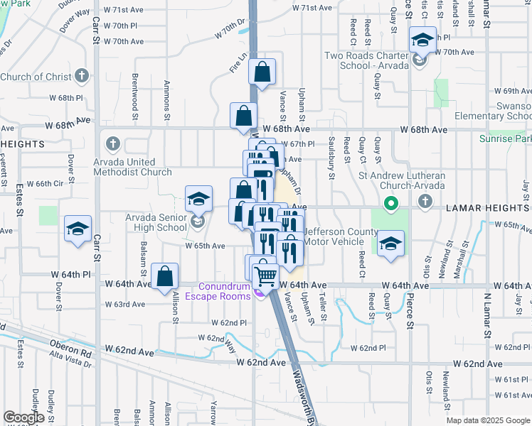 map of restaurants, bars, coffee shops, grocery stores, and more near 6590 Wadsworth Bypass in Arvada