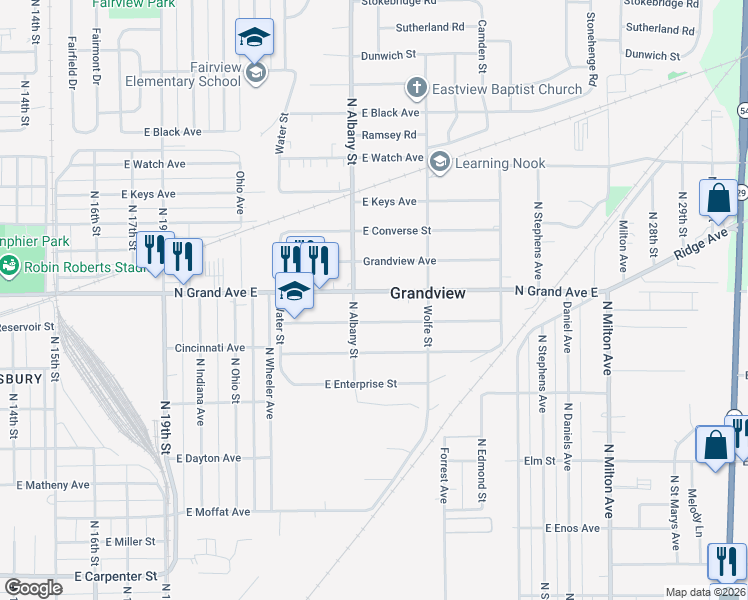map of restaurants, bars, coffee shops, grocery stores, and more near 2252 North Grand Avenue East in Springfield