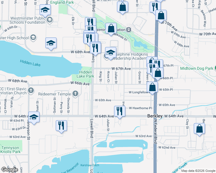 map of restaurants, bars, coffee shops, grocery stores, and more near 3500 West 66th Avenue in Denver