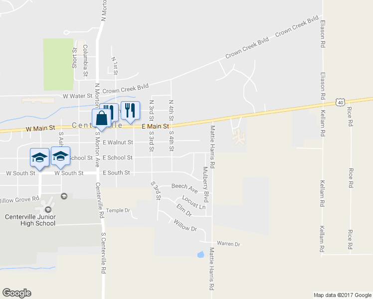 map of restaurants, bars, coffee shops, grocery stores, and more near 604 East School Street in Centerville