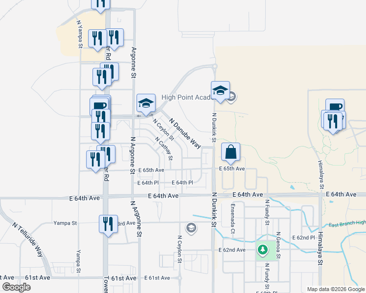 map of restaurants, bars, coffee shops, grocery stores, and more near 6556 Argonne Street in Denver