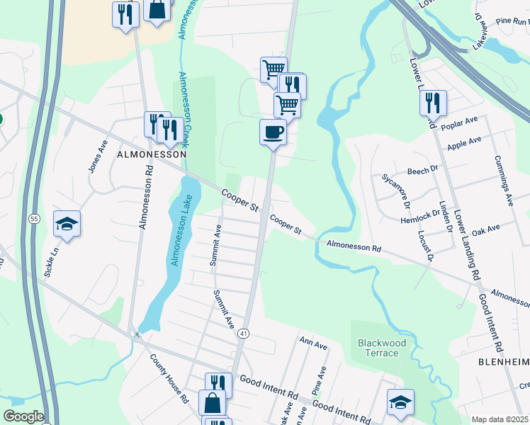 map of restaurants, bars, coffee shops, grocery stores, and more near Hurffville Road & Cooper Street in Woodbury