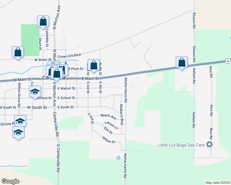 map of restaurants, bars, coffee shops, grocery stores, and more near 604 East School Street in Centerville