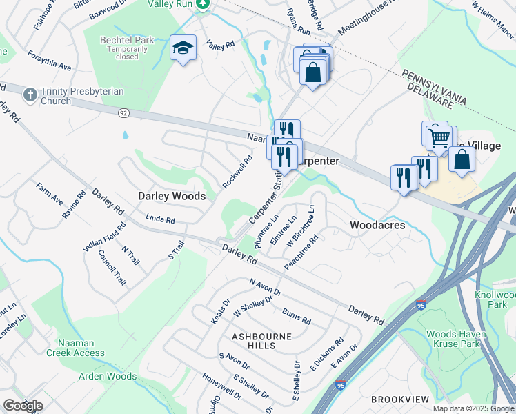 map of restaurants, bars, coffee shops, grocery stores, and more near 902 Longview Court in Wilmington