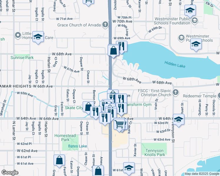 map of restaurants, bars, coffee shops, grocery stores, and more near Sheridan Boulevard in Denver