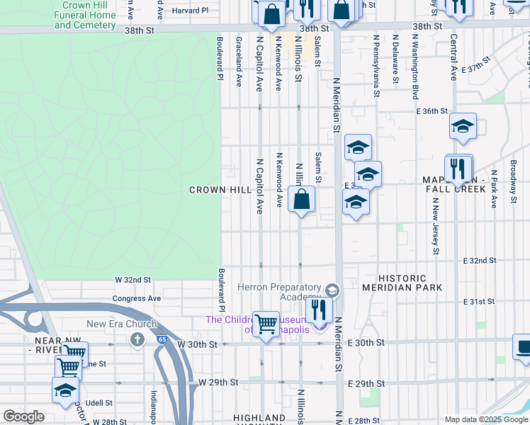 map of restaurants, bars, coffee shops, grocery stores, and more near 3329 North Capitol Avenue in Indianapolis
