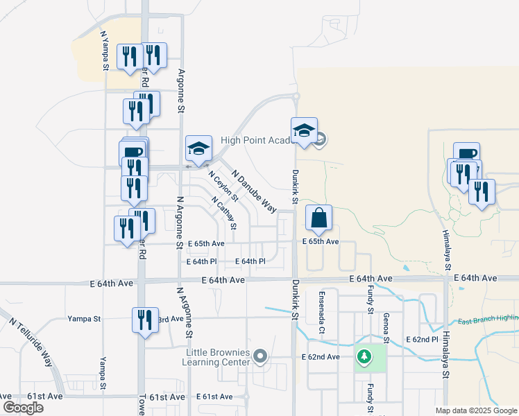 map of restaurants, bars, coffee shops, grocery stores, and more near 6560 North Ceylon Street in Denver