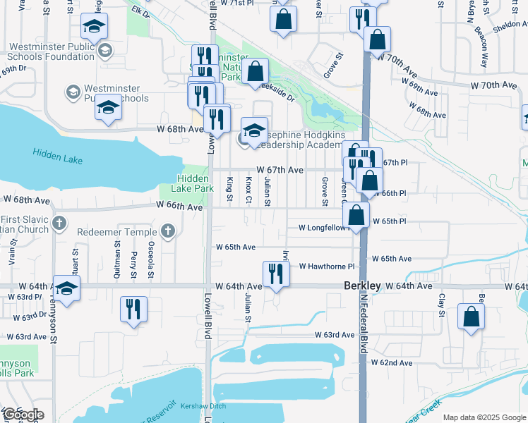 map of restaurants, bars, coffee shops, grocery stores, and more near 3420 West 66th Avenue in Denver