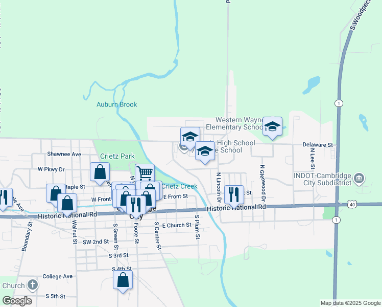 map of restaurants, bars, coffee shops, grocery stores, and more near 205 East Parkway Drive in Cambridge City