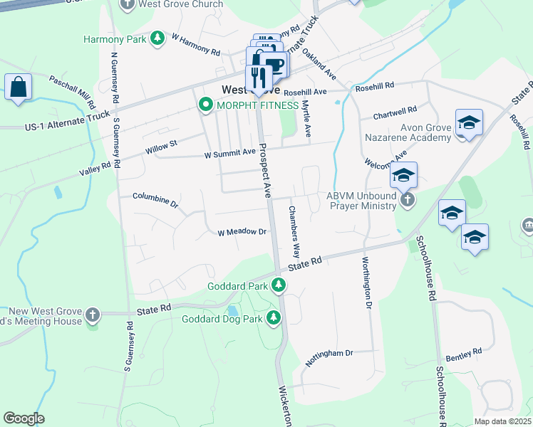 map of restaurants, bars, coffee shops, grocery stores, and more near 504 Prospect Avenue in West Grove