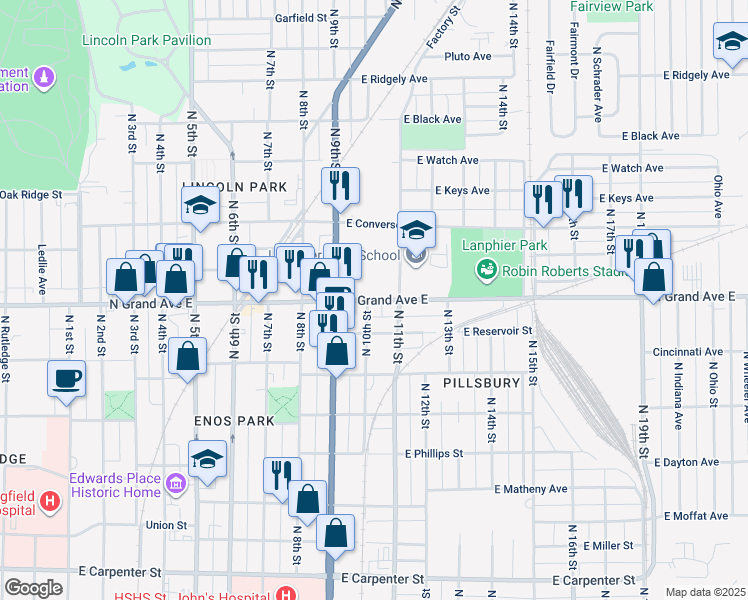 map of restaurants, bars, coffee shops, grocery stores, and more near 1021 North Grand Avenue East in Springfield