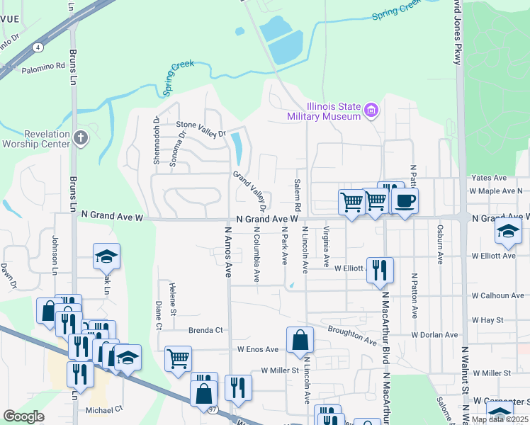 map of restaurants, bars, coffee shops, grocery stores, and more near 18 Grand Valley Drive in Springfield