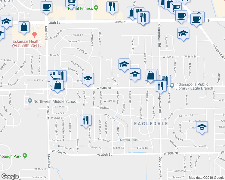map of restaurants, bars, coffee shops, grocery stores, and more near 5115 West 34th Street in Indianapolis
