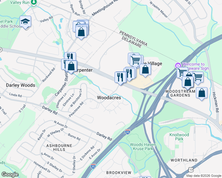 map of restaurants, bars, coffee shops, grocery stores, and more near 707 Appletree Court in Claymont