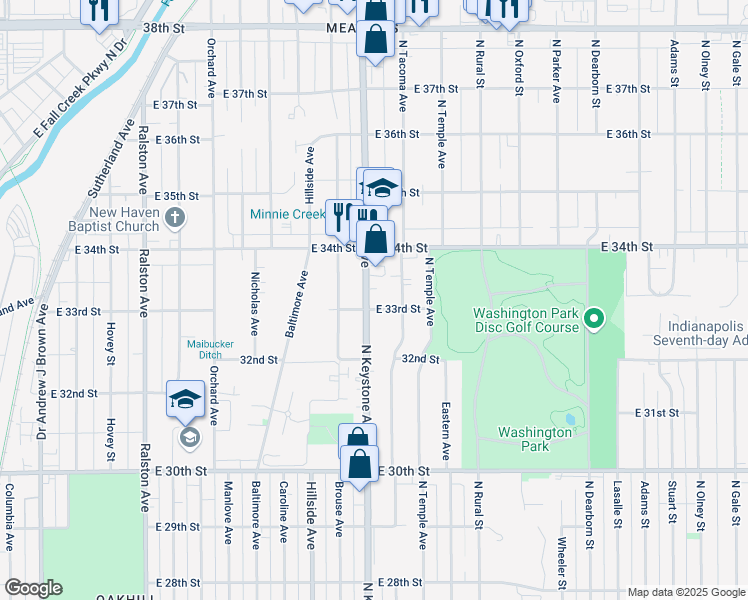 map of restaurants, bars, coffee shops, grocery stores, and more near 3251 North Keystone Avenue in Indianapolis