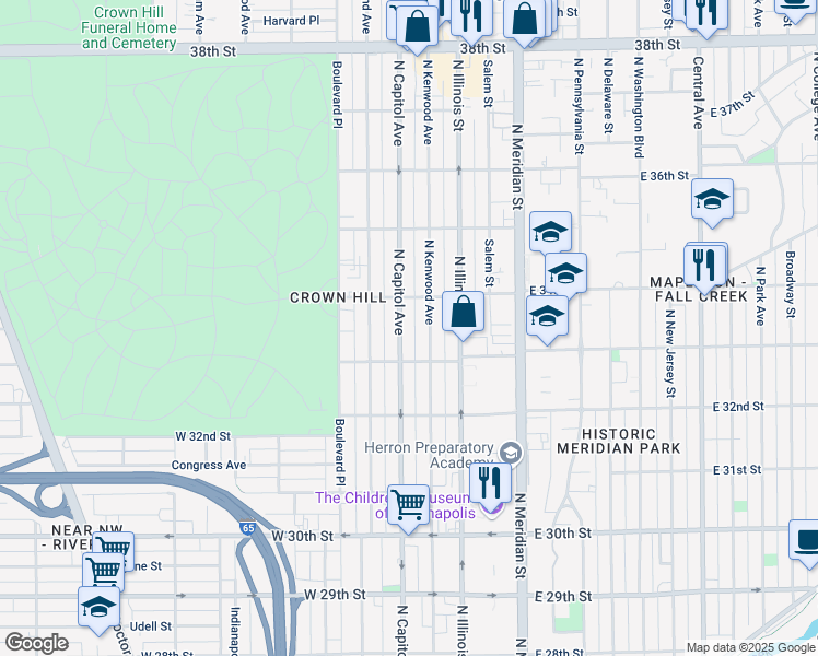 map of restaurants, bars, coffee shops, grocery stores, and more near 3319 North Capitol Avenue in Indianapolis