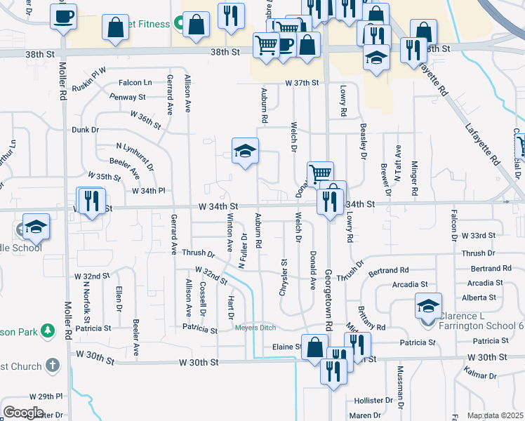 map of restaurants, bars, coffee shops, grocery stores, and more near 4953 West 34th Street in Indianapolis