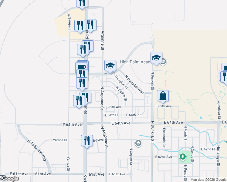 map of restaurants, bars, coffee shops, grocery stores, and more near 6640 North Biscay Street in Denver