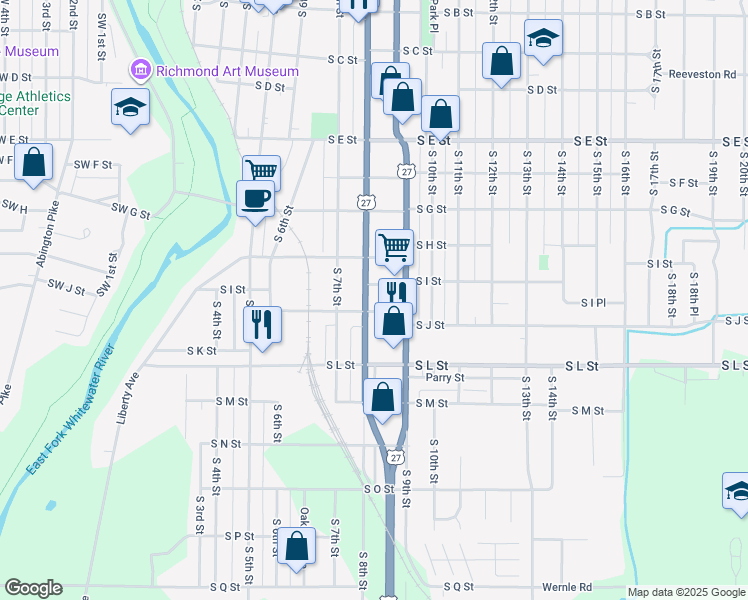 map of restaurants, bars, coffee shops, grocery stores, and more near 809 South J Street in Richmond