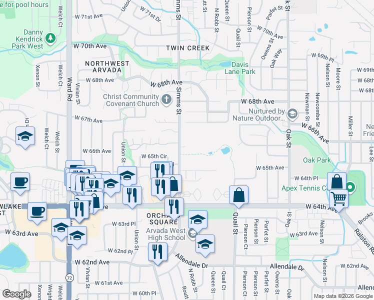 map of restaurants, bars, coffee shops, grocery stores, and more near 6640 Simms Street in Arvada
