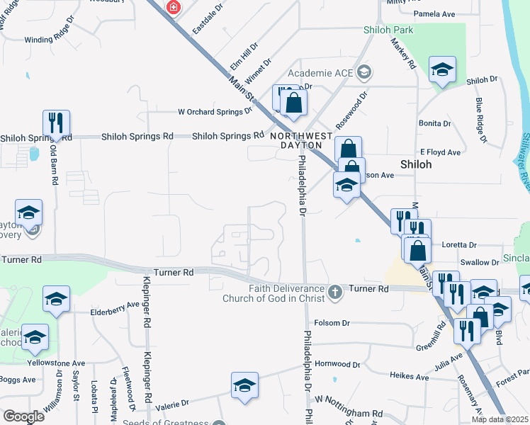 map of restaurants, bars, coffee shops, grocery stores, and more near 4001 Indian Runn Drive in Dayton
