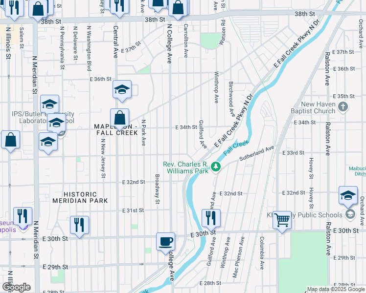 map of restaurants, bars, coffee shops, grocery stores, and more near 732 East 33rd Street in Indianapolis