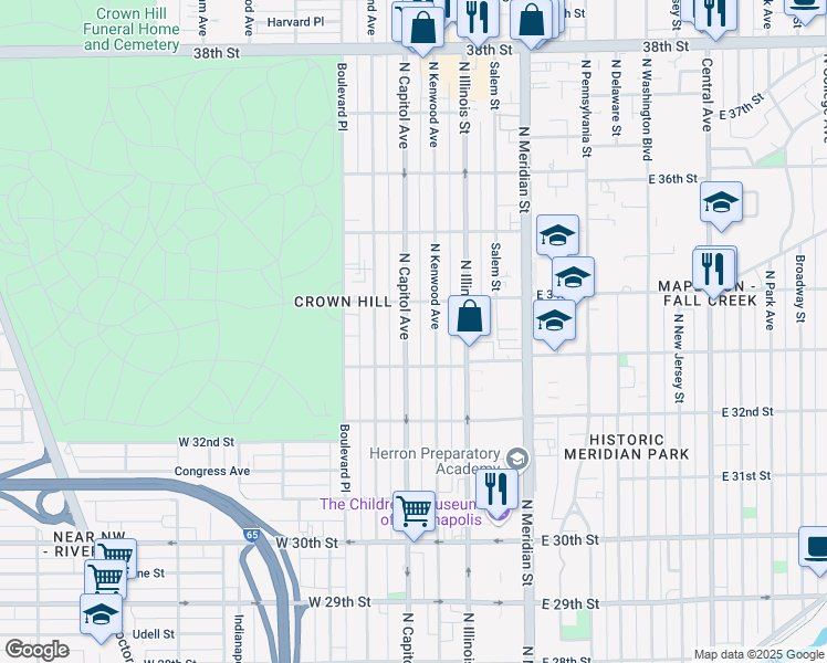 map of restaurants, bars, coffee shops, grocery stores, and more near 3319 North Capitol Avenue in Indianapolis