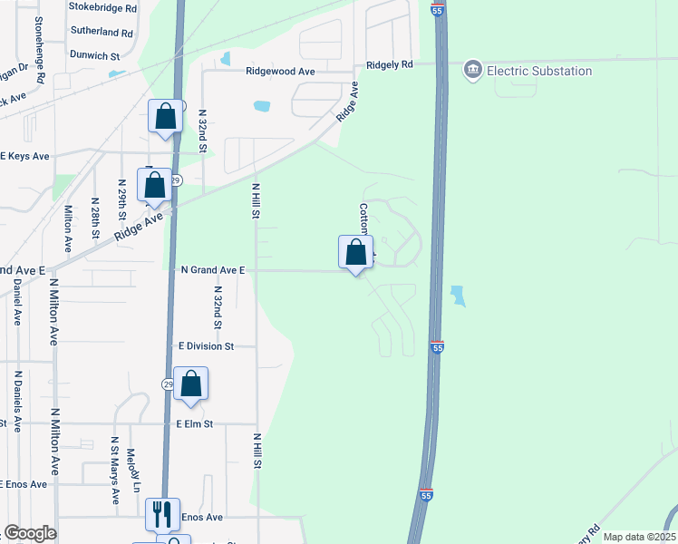 map of restaurants, bars, coffee shops, grocery stores, and more near 3530 North Grand Avenue East in Springfield