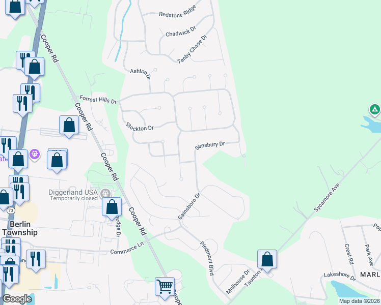 map of restaurants, bars, coffee shops, grocery stores, and more near 12 Knottingham Drive in Voorhees Township