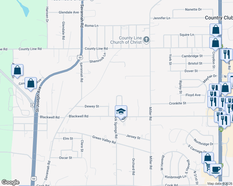 map of restaurants, bars, coffee shops, grocery stores, and more near 5514 Rock Springs Road in Saint Joseph
