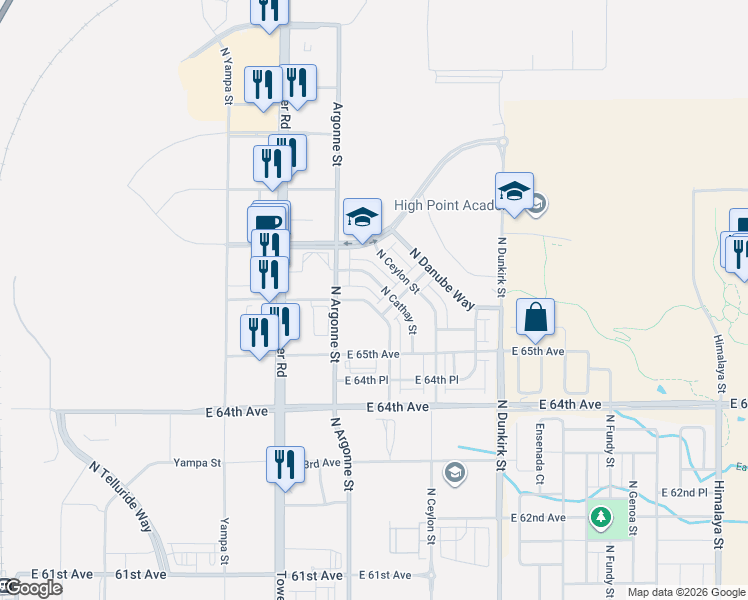 map of restaurants, bars, coffee shops, grocery stores, and more near 6640 North Biscay Street in Denver