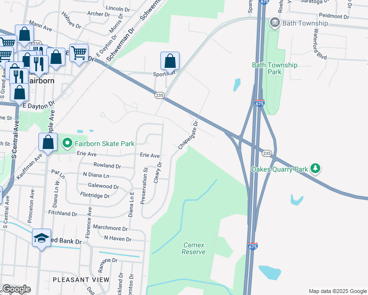 map of restaurants, bars, coffee shops, grocery stores, and more near 390 Chapelgate Drive in Fairborn