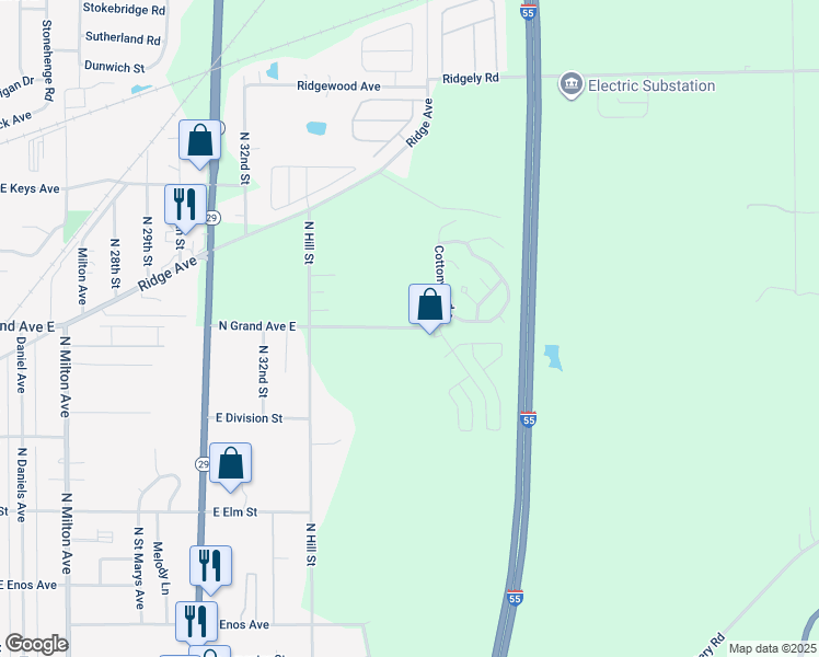 map of restaurants, bars, coffee shops, grocery stores, and more near 3530 North Grand Avenue East in Springfield