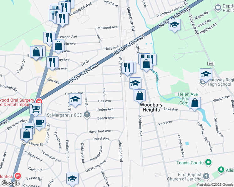 map of restaurants, bars, coffee shops, grocery stores, and more near 448 Central Avenue in Woodbury Heights