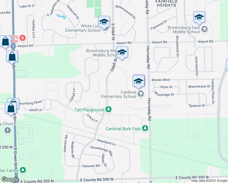 map of restaurants, bars, coffee shops, grocery stores, and more near 9 Peach Court in Brownsburg