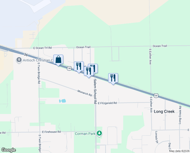 map of restaurants, bars, coffee shops, grocery stores, and more near 6000 U.S. 36 in Long Creek