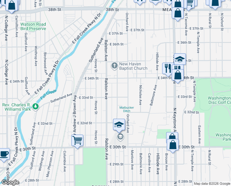 map of restaurants, bars, coffee shops, grocery stores, and more near 3290 Schofield Avenue in Indianapolis