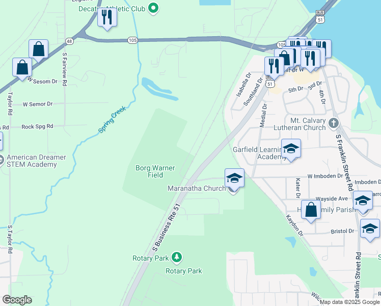 map of restaurants, bars, coffee shops, grocery stores, and more near 2100 South Imboden Court in Decatur