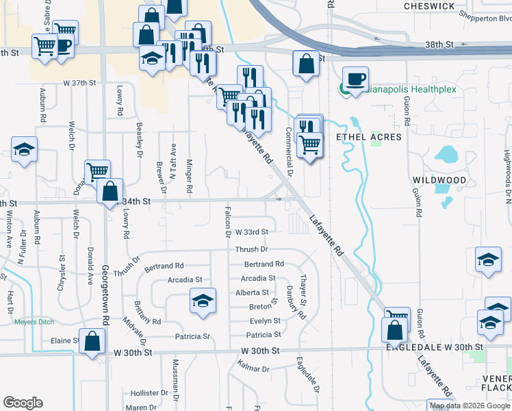 map of restaurants, bars, coffee shops, grocery stores, and more near 4112 Deborah Street in Indianapolis