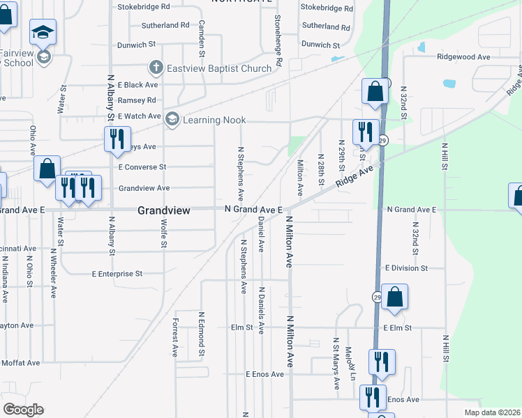 map of restaurants, bars, coffee shops, grocery stores, and more near 1299 Daniel Ave in Springfield