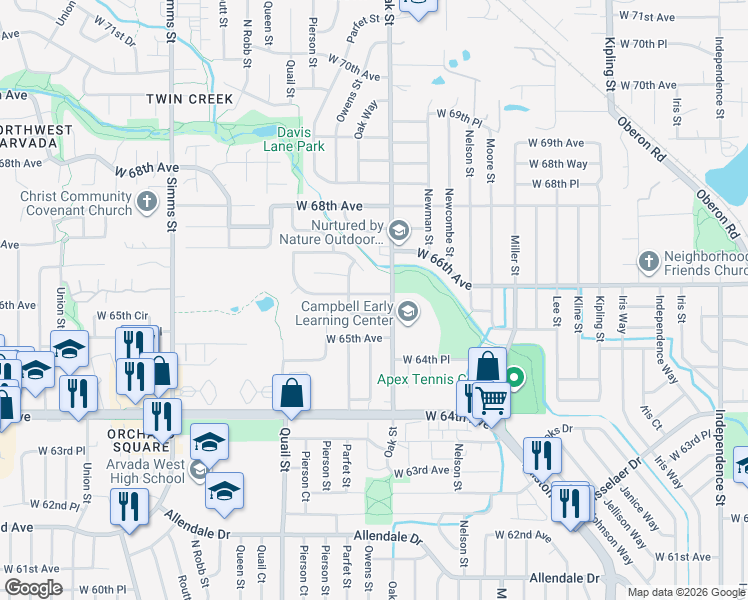 map of restaurants, bars, coffee shops, grocery stores, and more near in Arvada