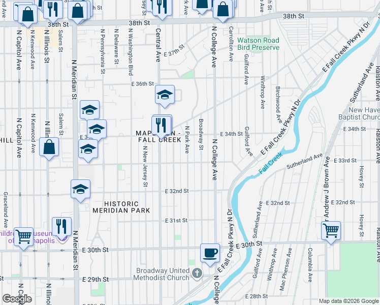 map of restaurants, bars, coffee shops, grocery stores, and more near 3302 Broadway Street in Indianapolis