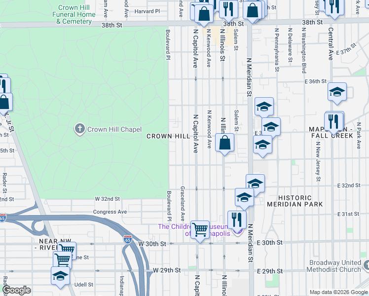 map of restaurants, bars, coffee shops, grocery stores, and more near 3324 Graceland Avenue in Indianapolis