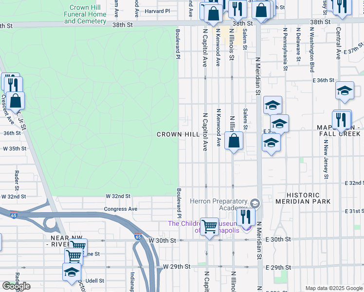 map of restaurants, bars, coffee shops, grocery stores, and more near 3324 Graceland Avenue in Indianapolis