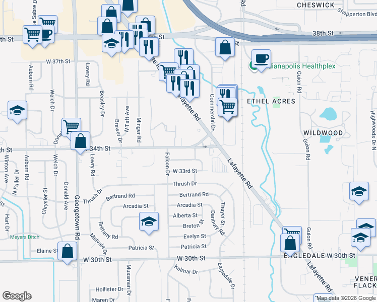 map of restaurants, bars, coffee shops, grocery stores, and more near 4112 Deborah Street in Indianapolis